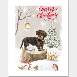 Wire Haired Dachshund Dog Merry Christmas Posters and Art